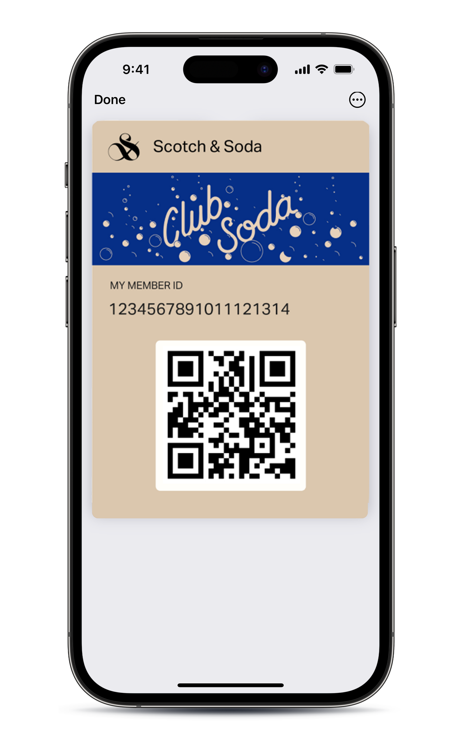 Club Soda Wallet pass that can be saved in Apple Wallet and Google Wallet